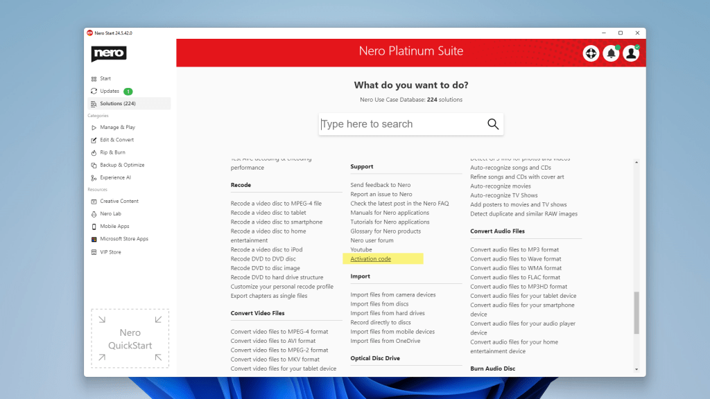 Nero Start Solution column under "Support" category Activation code highlighted