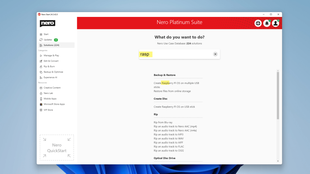 Nero Start software interface typing "rasp" and letters highlighted