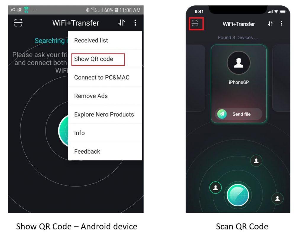 your mobile phone will be listed in the other one's WiFi+Transfer. The transfer channel is created.