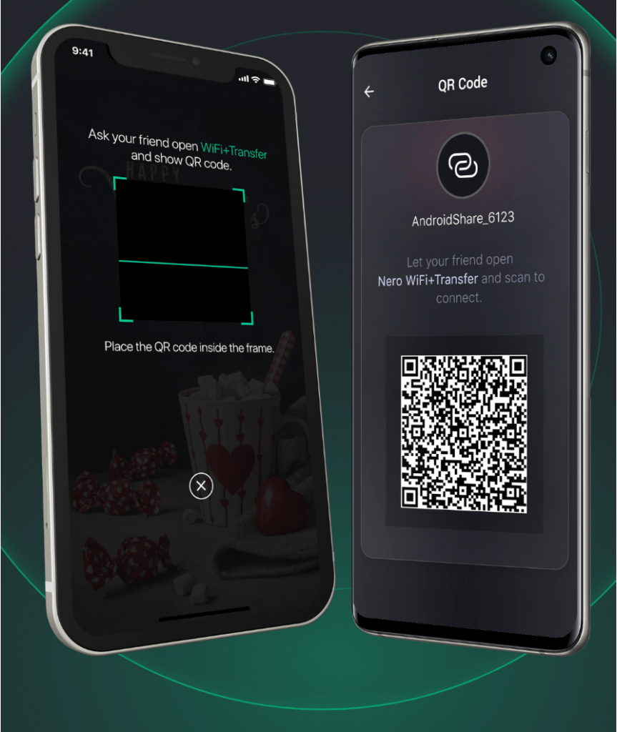 Android device shows the QR Code, Apple device ready to scan.