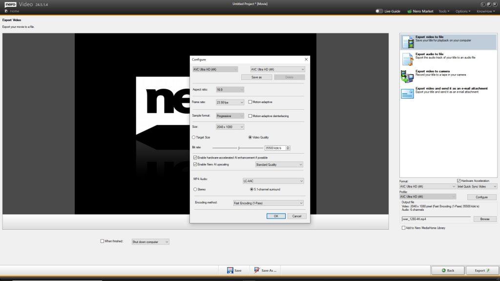 Nero AI video upscaling_configure