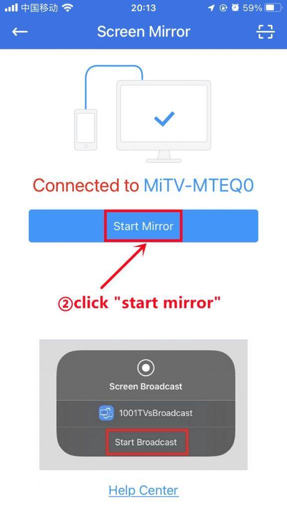 1001 TVs screen cast button after connecting to TV