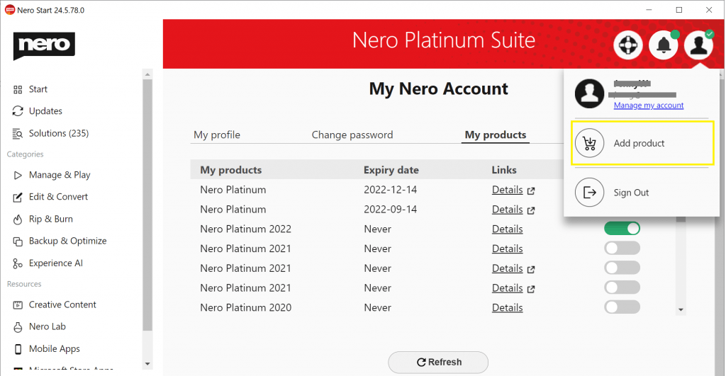 Add product from My Account, easily manage your Nero product