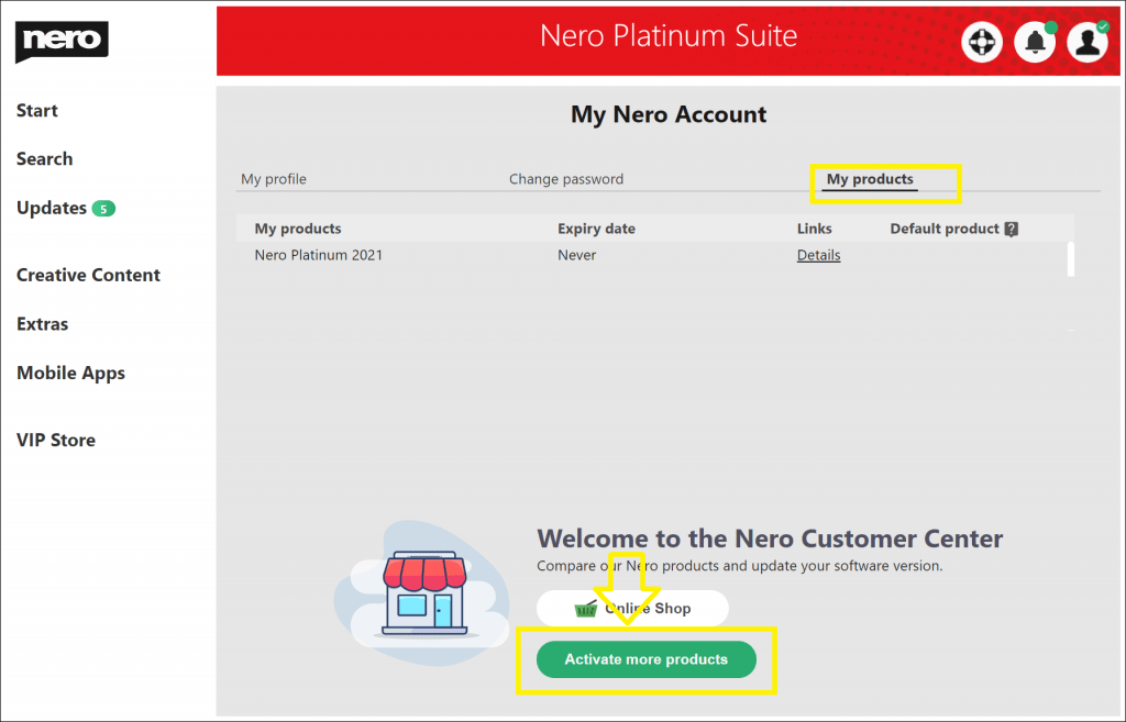 How to active more products in Nero Start > My account