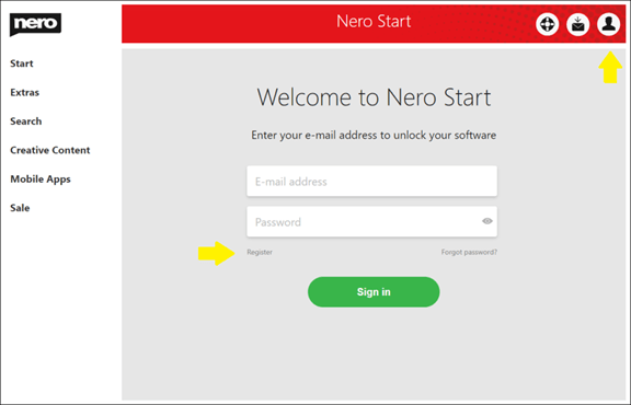 register account in Nero Start