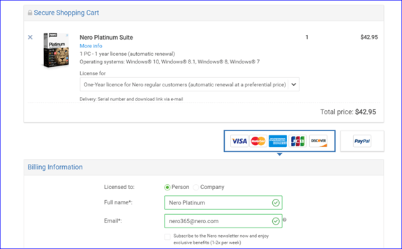 shopping cart example, for how to unlock Nero with the 8-bit code