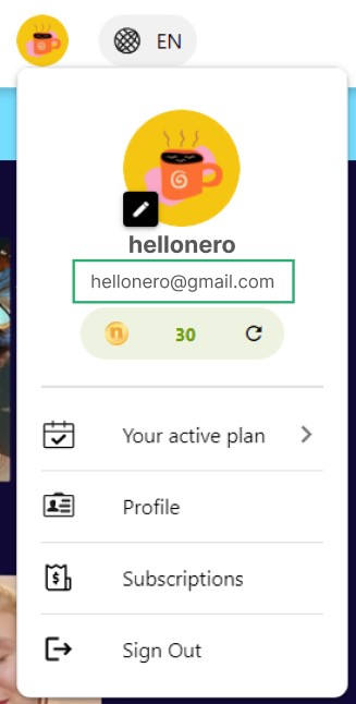 Nero Account menu - online