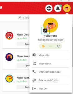 Nero Account menu - avatar