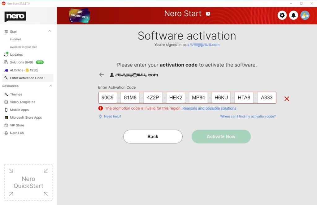 promotion code is not valid in your region