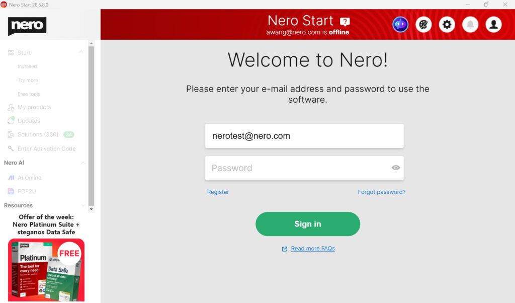 Example: Nero Start sign-in screen