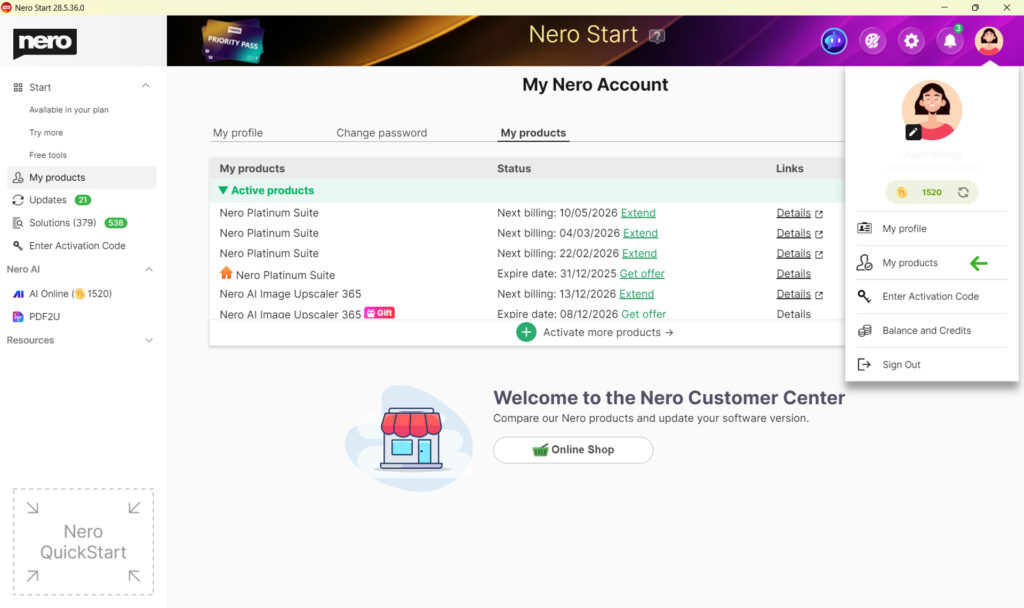 Example: Account > My products (product listed after sign-in)