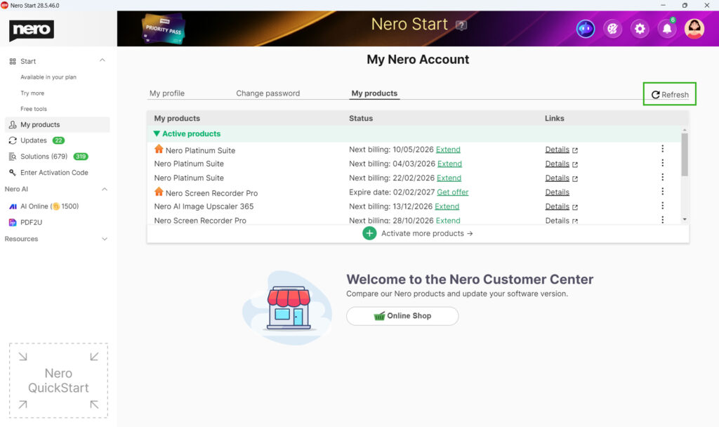 refresh product list in Nero Account