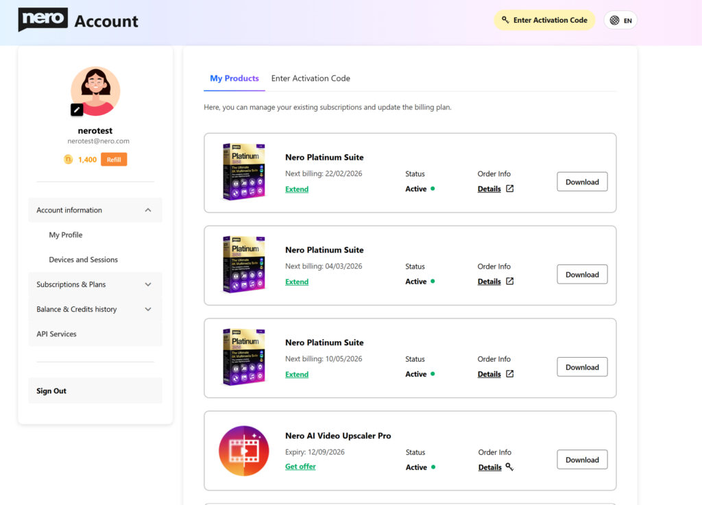 Nero online account: my products list