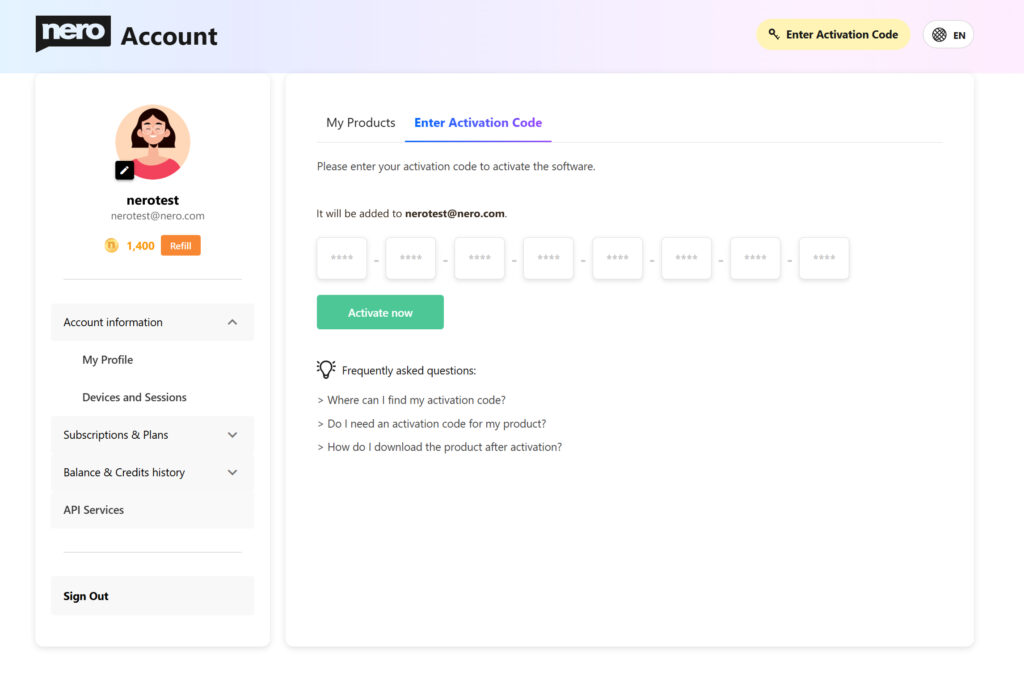 online product activation page