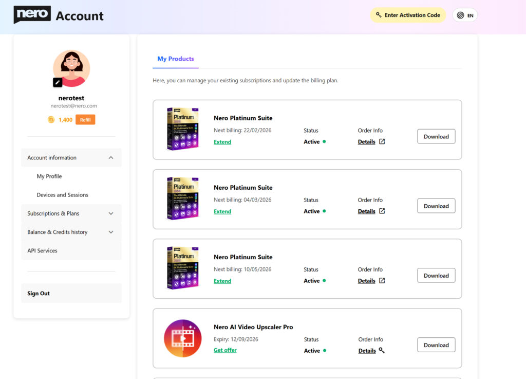 Nero online account: my products list
