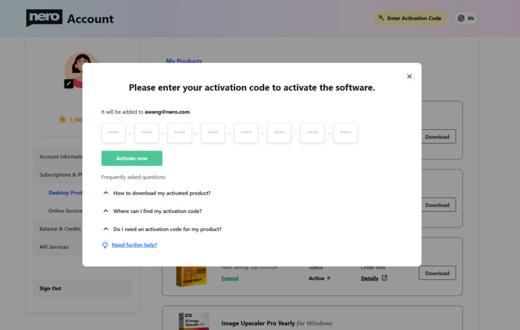 online product activation page