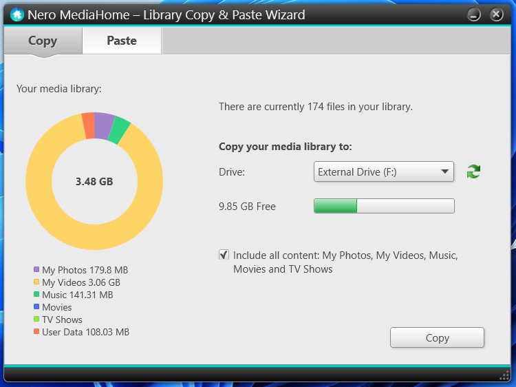 Nero MediaHome: Libary copy&paste