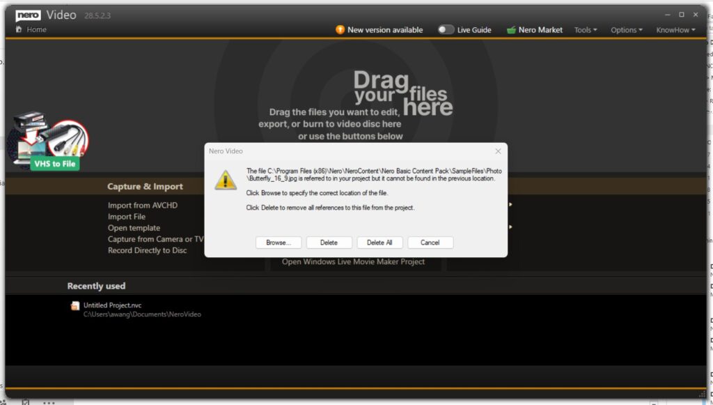 Nero Video: browse file for the project