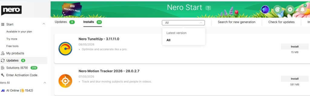 Nero Start: select All versions to install