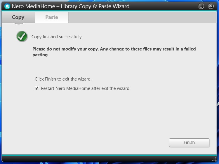 Nero MediaHome: Library copy finished